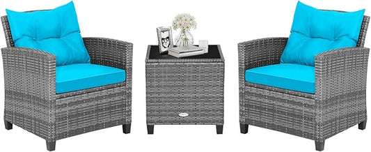 HAPPYGRILL 3 Pieces Patio Conversation Set, Outdoor Furniture Set PE Rattan by HAPPYGRILL