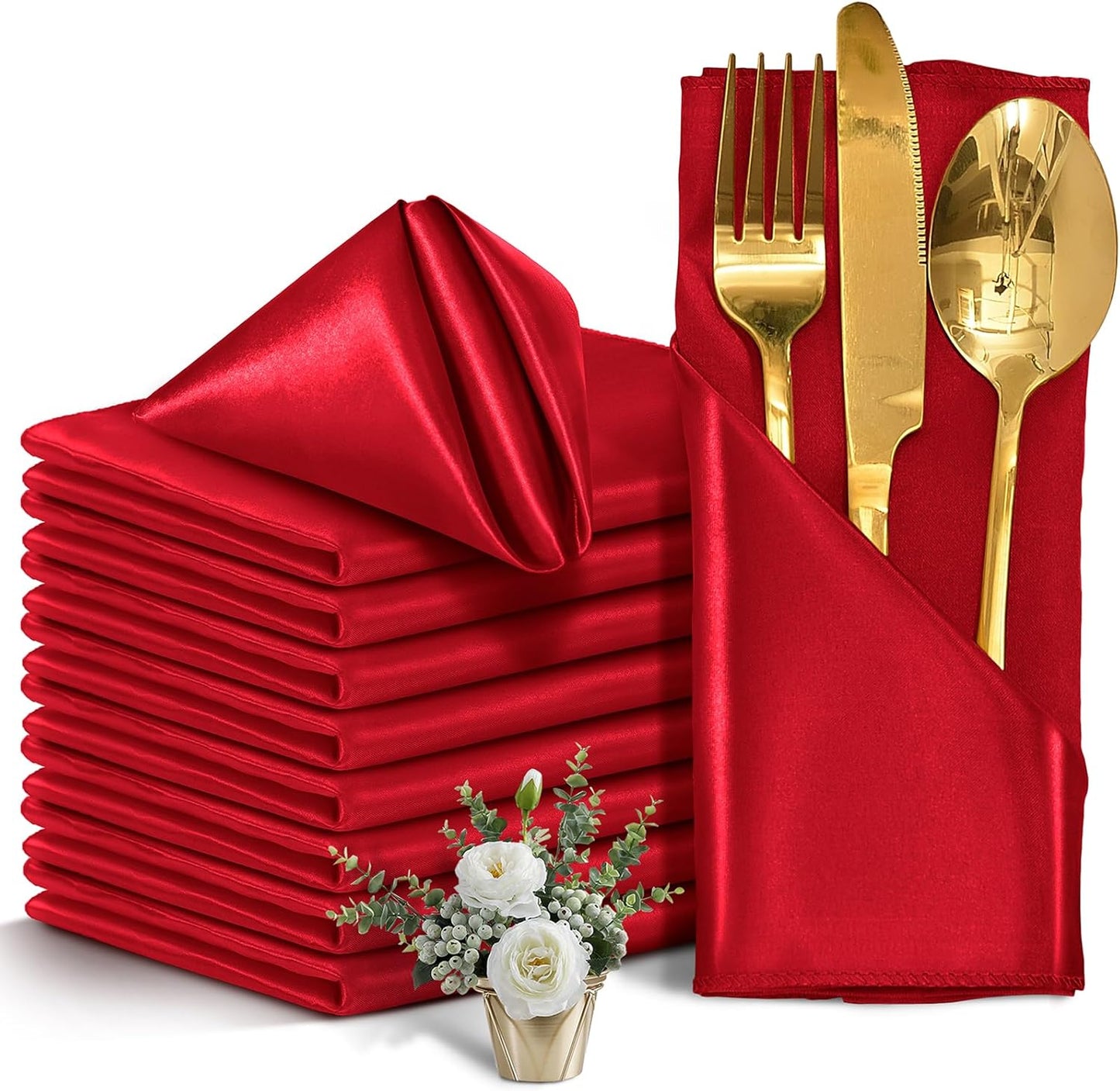 50 Pieces Red Satin Napkins, 17" x 17" Square Table Napkins, Silky Soft Smooth Washable Napkins for Restaurant, Weddings, Dinner, Party Decoration