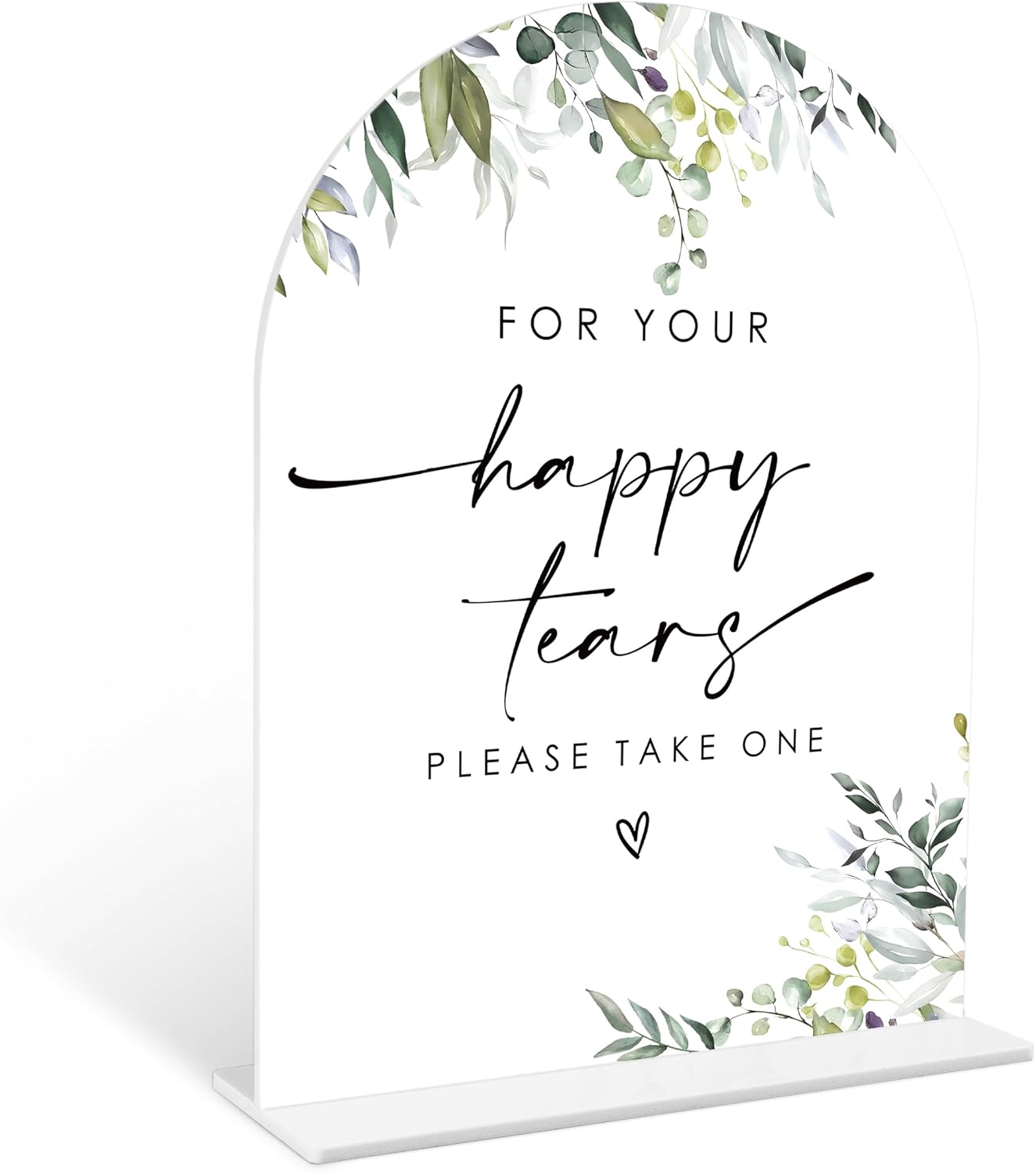 Greenery Happy Tears Tissue Sign, 6 x 8 Inch White Arch Acrylic Wedding Sign with Holder, Wedding Sign for Ceremony and Reception, Wedding Decoration, Wedding Supplies - LY25