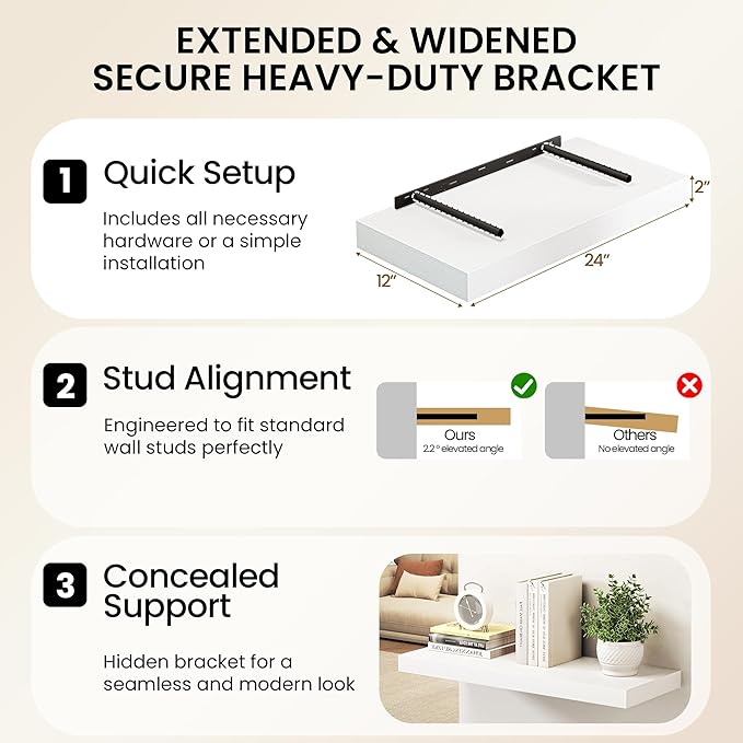 36Inch White Floating Shelves for Wall, 12 Inch Deep Shelves for Bedroom - Image 6