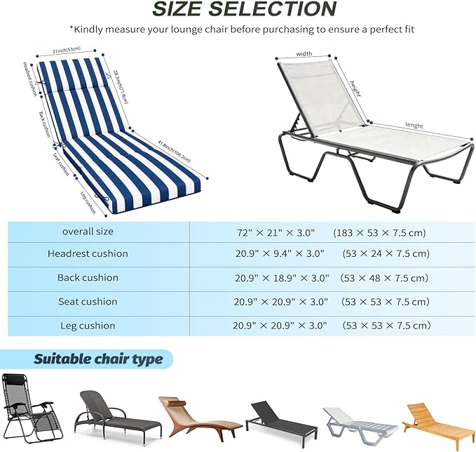 2 Pcs Outdoor Chaise Lounge Cushion 72" x 21" x 3", Folding Patio Lounge Chair - Image 3