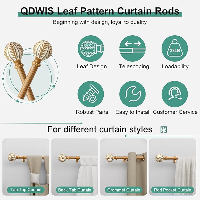 QDWIS Boho Wood Curtain Rods for Windows 66 to 120 inch, Rustic Decorative - Image 6