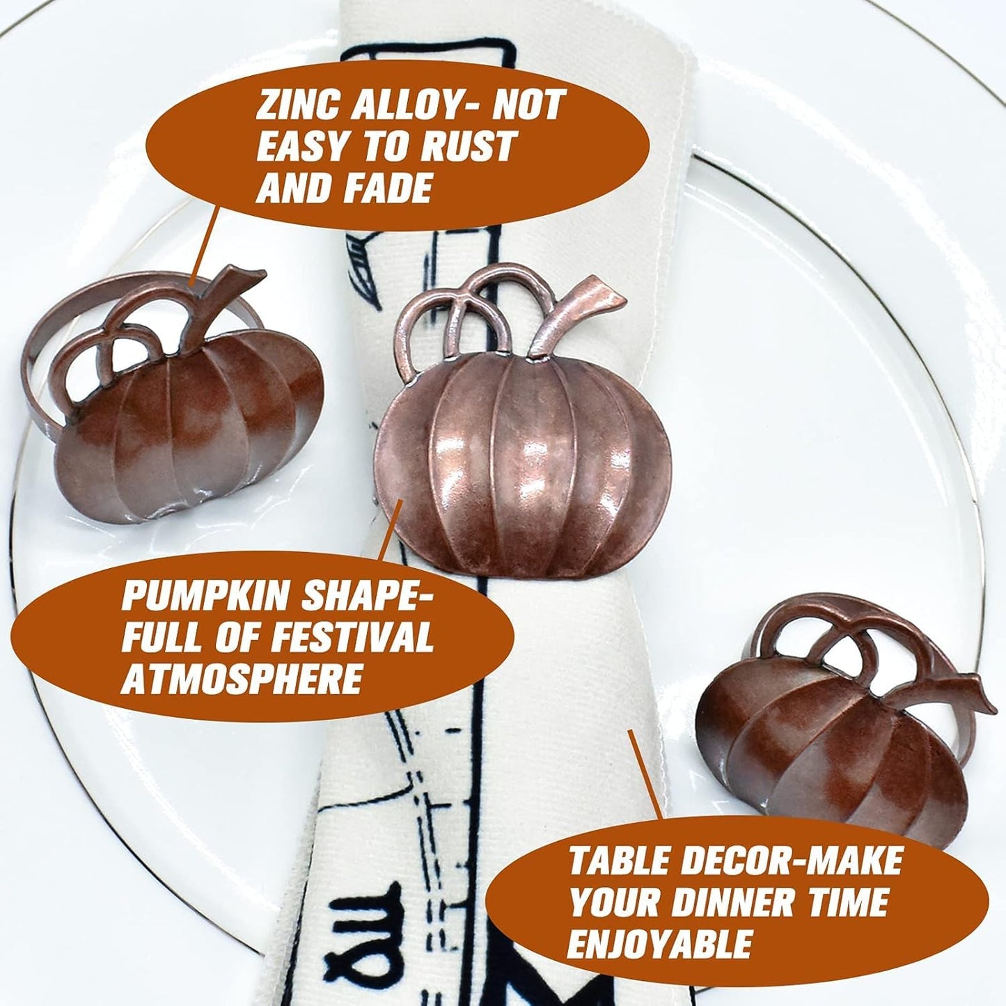 Halatool Pumpkin Napkin Rings Set of 12, Alloy Fall Napkin Rings Thanksgiving Halloween Dinner Tables Holders for Thanksgiving Weddings Holidays Gathering Dinner Party (Bronze)