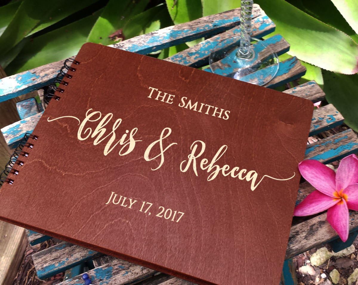 Wooden Wedding Guest Book Personalized (11"x8.5", Mahogany Stain) Wood for Bride and Groom Vintage Alternative Anniversary Bridal Party Guest Album Photo Booth Guestbook Made in USA