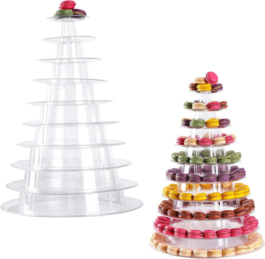 Macaron Tower Stand 10 Tier 4" - 13" Transparent Plastic Round Tower Display Stand Cupcake Cake Holder Rack Platter to Hold 230 Macarons for Wedding Birthday Party Decor