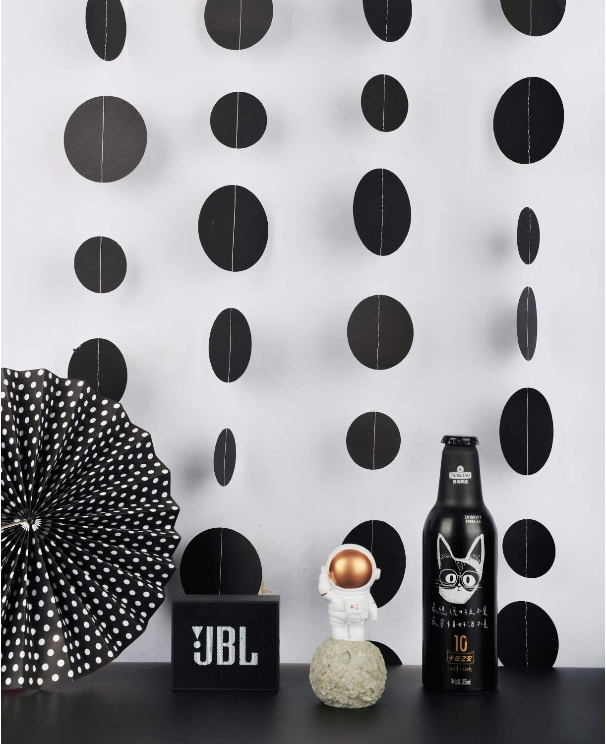 Black Paper Garland Circle Dot Party Banner Wall Streamers Backdrop Ceiling Hanging Decorations, 20 Feet in Total