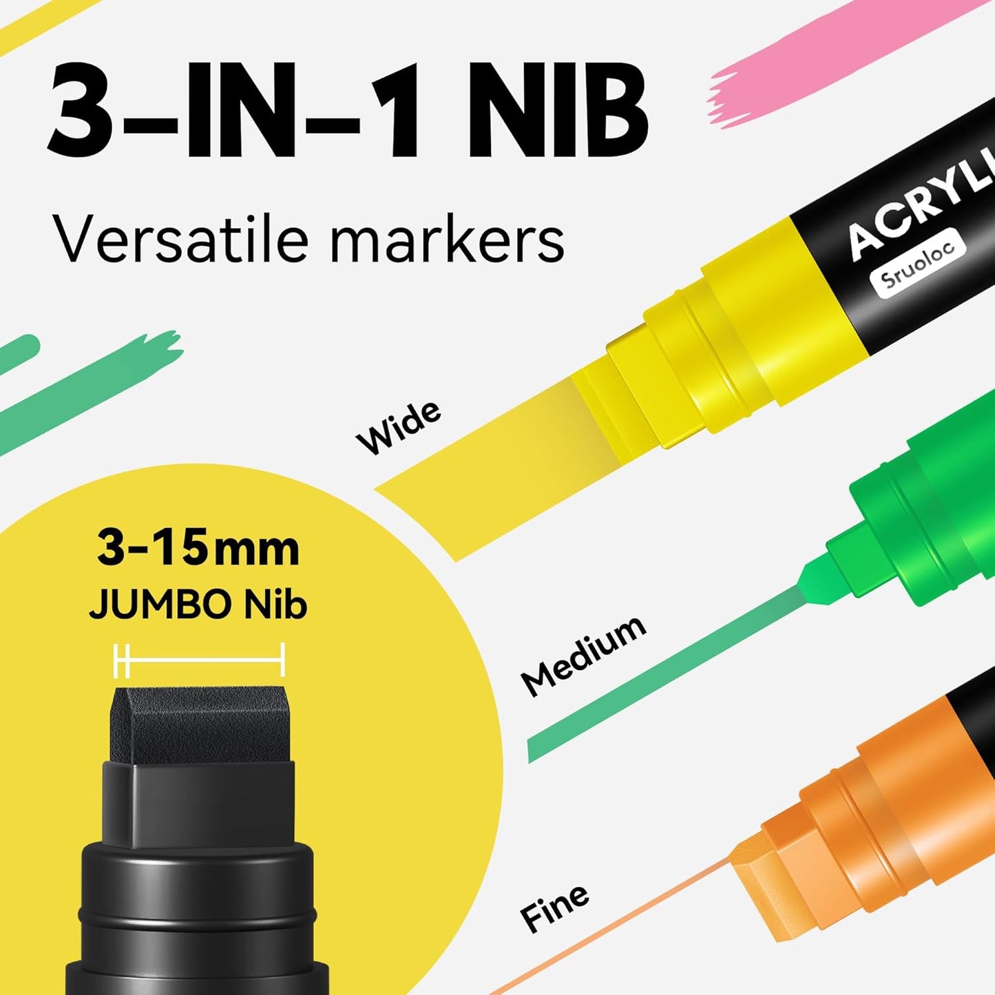 12 Colors Jumbo Markers, 15mm Jumbo Felt Tip, Acrylic Paint Markers for Rock Painting, Poster, Stone, Ceramic, Glass, Wood, Canvas