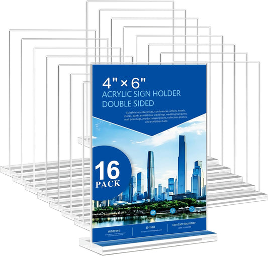 Acrylic Sign Holder 4x6 - 16 Pack Clear Display Stand Vertical Picture Holders for Tables, Double Sided T Shape Flyer Holder Plastic Picture Frame Sign Holder for Store,Restaurants,Hotels,Office