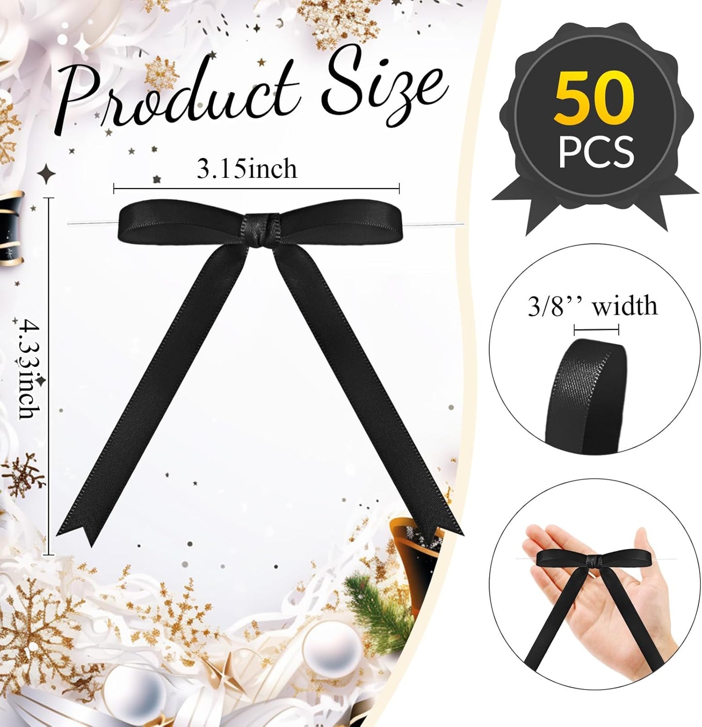 Riceshoot 50 Pcs Twist Tie Bows for Cake 3x4.5 Inch Satin Ribbon Bows for Gift Wrapping Treat Bags Craft DIY Wedding Baby Shower Birthday Party(Black)