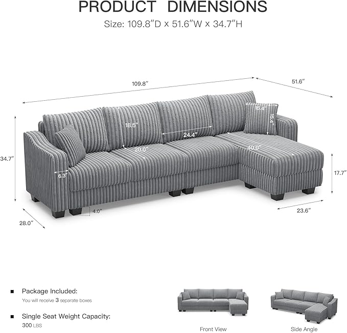 Belffin Sectional Couch with L-Shape Chaise L Shaped Couch with Ottoman - Image 2