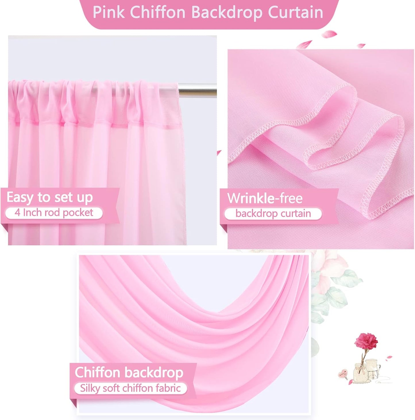 PARTISKY 10x10ft Pink Chiffon Sheer Backdrop Curtains, Wrinkle-Free Wedding Backdrop Drapes for Birthday Party Ceremony Arch Stage Decor Background for Photography 5x10ft,2 Panels
