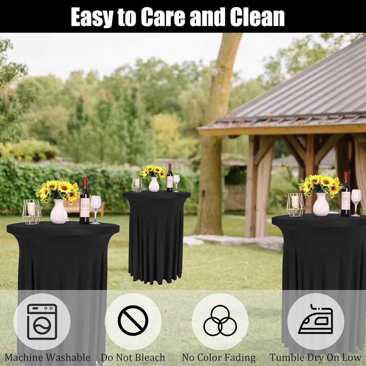 Fivenl 2 Pack Spandex Cocktail Table Skirt 32"x 43" Black Stretch Cocktail Table Cover, Washable Round High Top Tablecloth for Bar, Wedding, Party, Events (Black)
