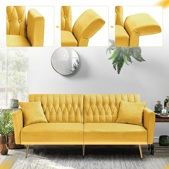 70” Velvet Futon Sofa Bed w/Adjustable Armrests & 2 Pillows, Convertible Futon - Image 6