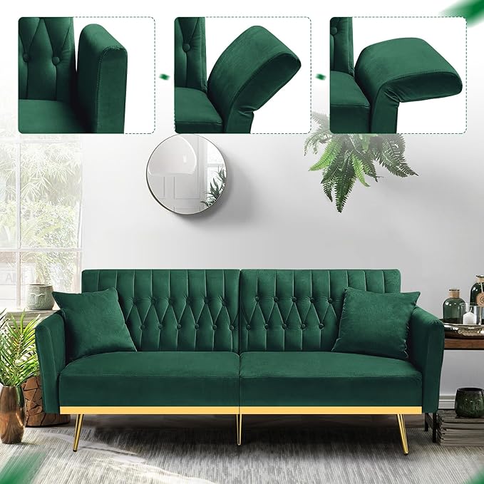 70” Velvet Futon Sofa Bed w/Adjustable Backrests and Armrests, Convertible - Image 6