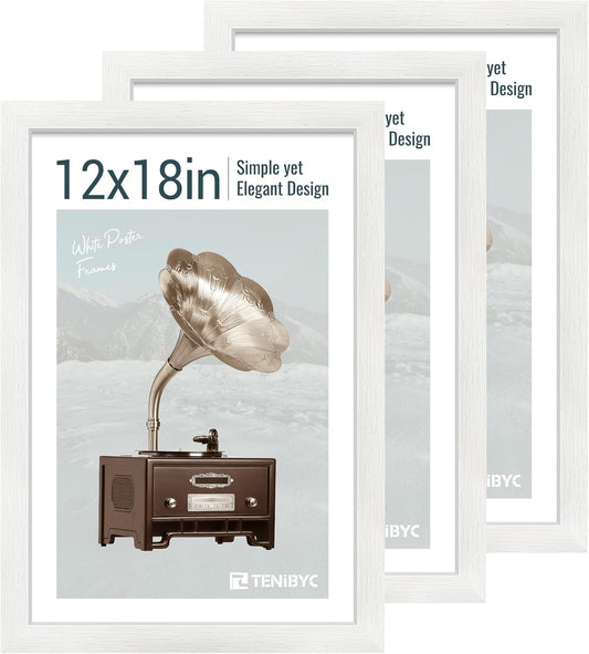 12x18 Poster Frame Set - 3 Pack, Textured White Solid Wood with HD Tempered Glass, Wall Gallery Picture Photo Frame