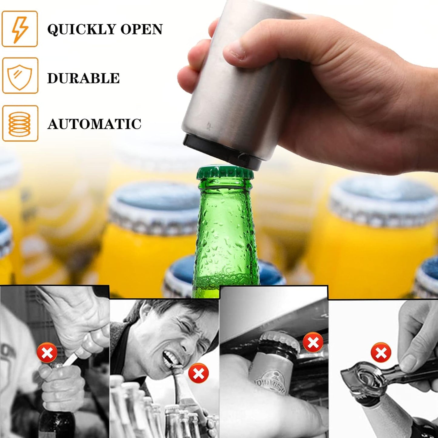 Portable Push Down Magnetic Beer Bottle Openers (8 Packs), No Damage to Caps, Quick to Open, Automatic Stainless Steel Pop the Top Cap Opener for Home Bar Camping and Traveling, Bartender Opening Tool