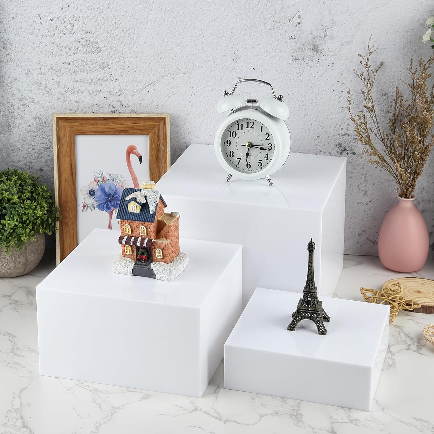 6Pcs White Buffet Risers, Acrylic Display Stand for Buffet Table Platter Parties Weddings Catering Dessert Collectibles Figures Show (6''x7''x8'')