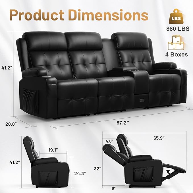 Loveseat Recliner Sofa, 3-Seater Home Theater Seating Massage Reclining Couch - Image 2