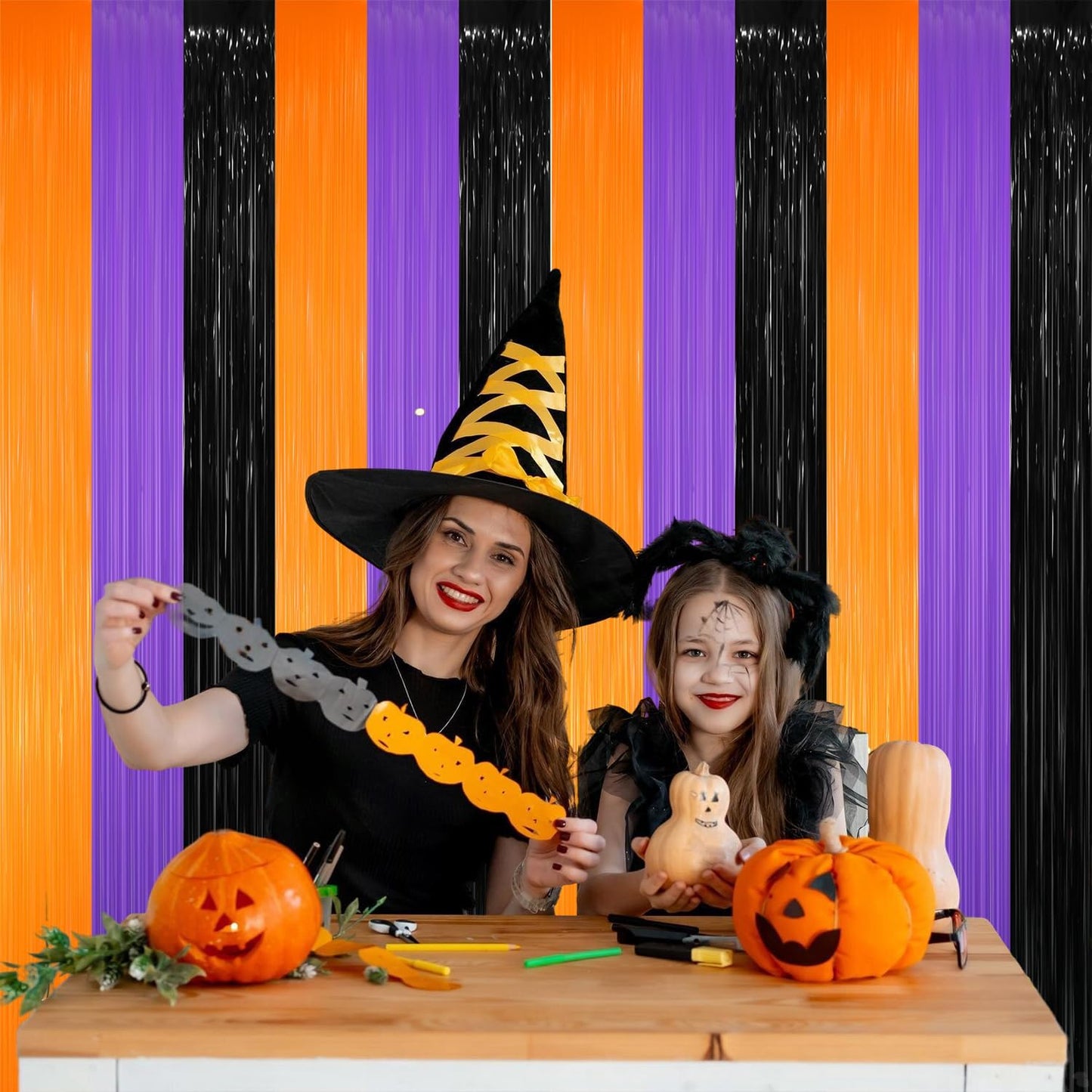 GOER 6.4 ft x 8.2 ft Metallic Tinsel Foil Fringe Party Backdrop for Halloween Birthday Graduation New Year's Party Decorations(2 Packs,Black&Orange&Purple)
