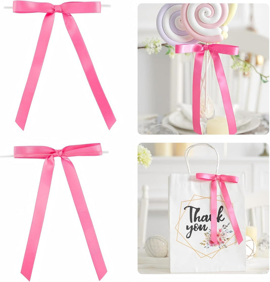 50 PCs Hot Pink Bow 5 Inch Long Tail Bows for Gift Wrapping, Easter Bow Party Decorations, Twist Tie Bows, Satin Bows for Crafts, Premade Bows for Presents, Treat Bags, Bottles, Cakes