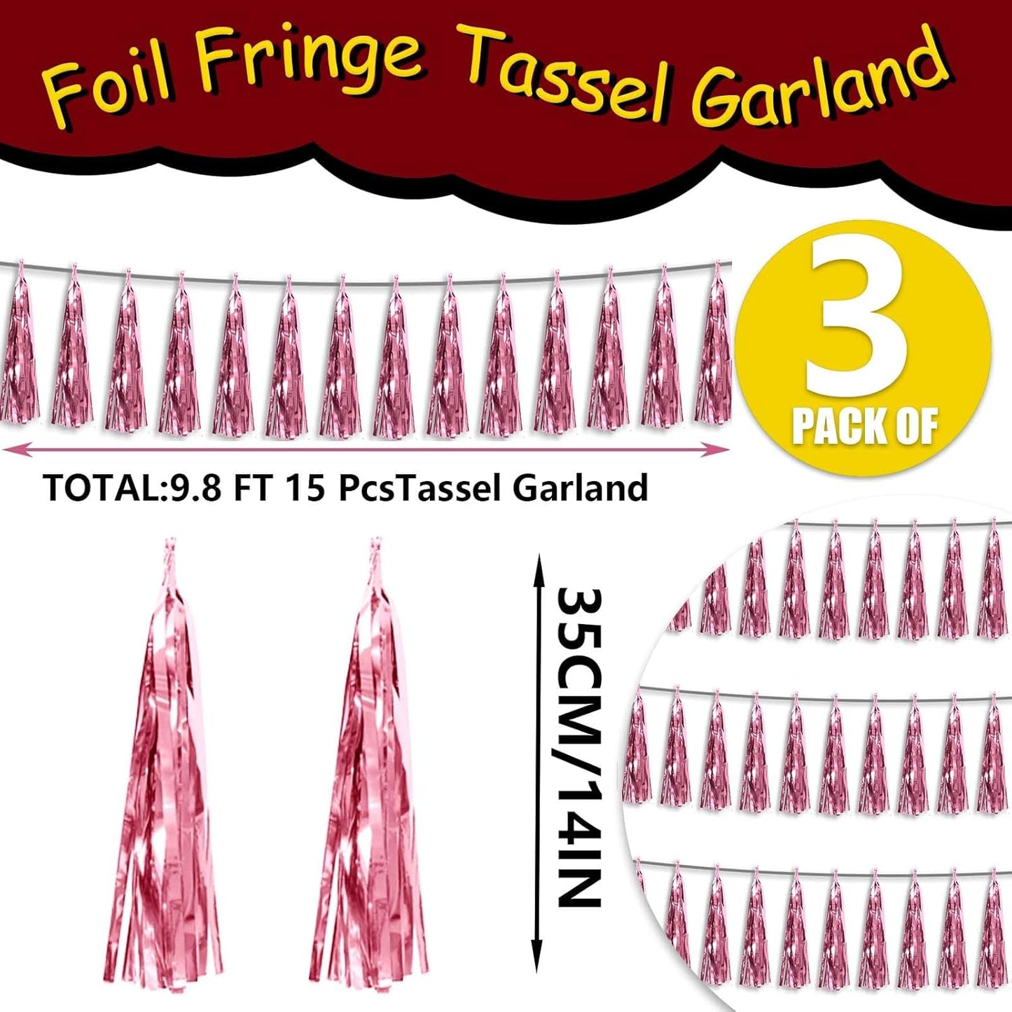 3P Metallic Fringe Tassel Banner Garland Foil Tinsel Streamer Wall Hanging Curtain Backdrop Banner for Parade Floats, Graduation Decorations, Wedding Party Decoration(Pink)