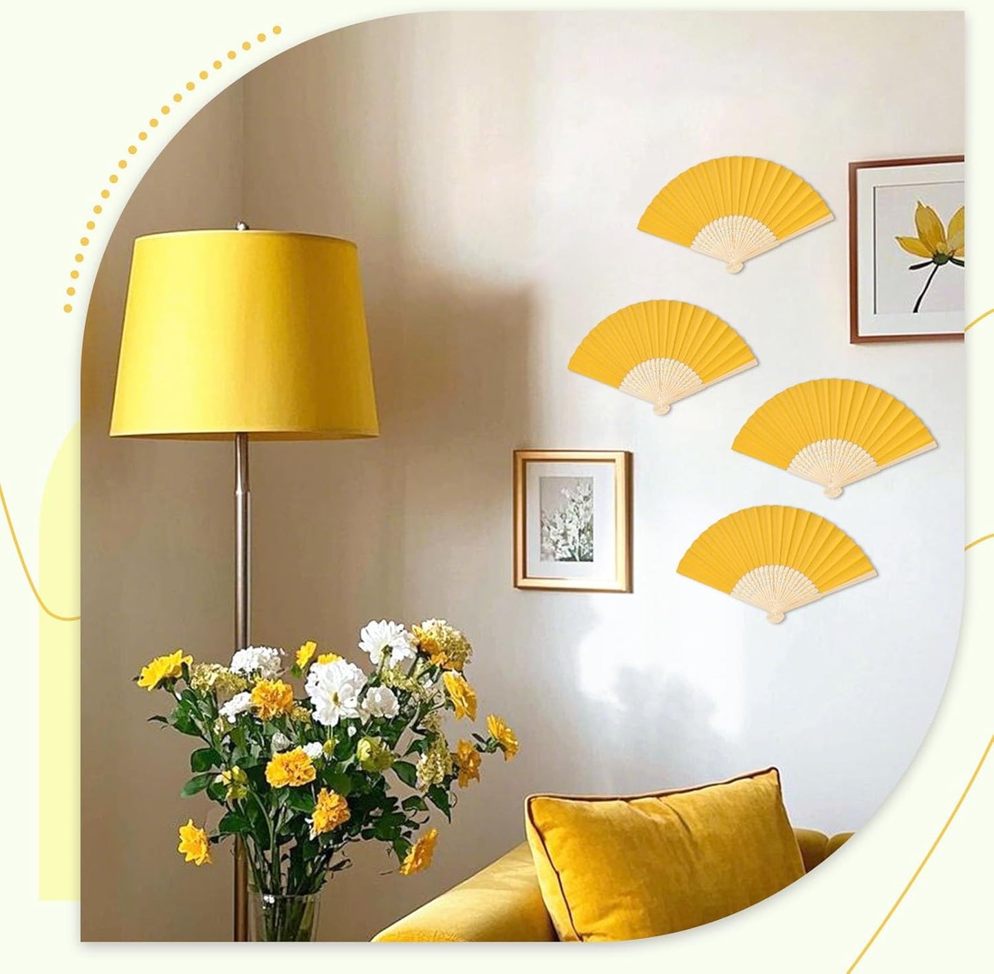 JOHOUSE 12 Pcs Foldable Hand Fan, 8.3 Inch Yellow Paper Fans for Lemon Party Decorations, Wedding, Baby Shower DIY Crafts Photography Props