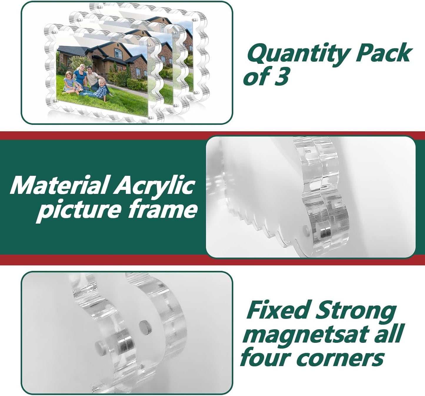 3 Pack Acrylic Picture Frame - 4x6 Magnetic Picture Frames, Double Sided Magnet Frames,10+10mm Thick Block, Clear Frameless Photo Scalloped Freestanding for Desktop Display