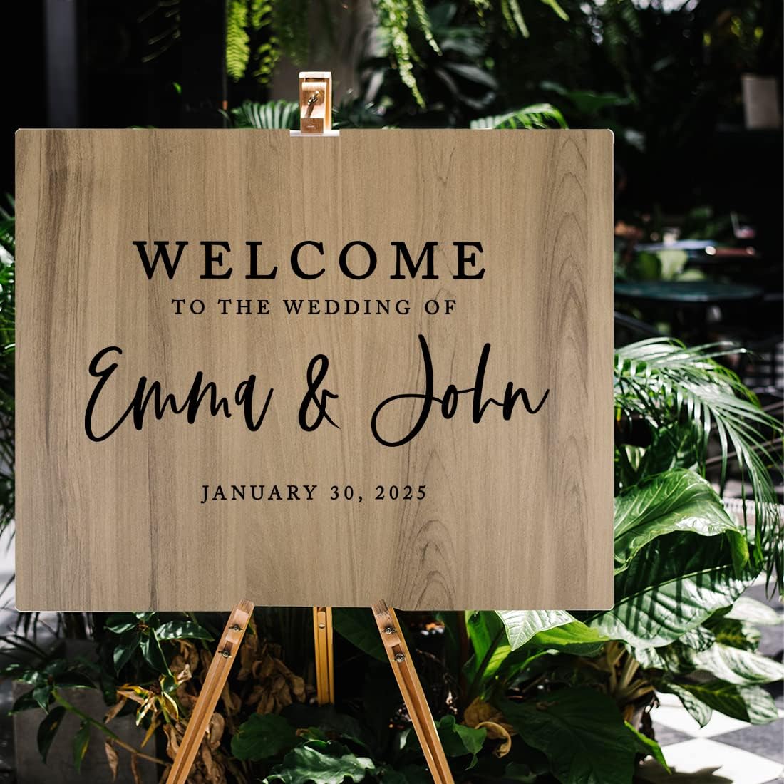 Andaz Press Large Wooden Welcome Sign for Wedding, Rustic Welcome Sign, 16" x 20" Custom Names & Date, Woodland Wedding Signage, English Oak MDF Wood Finish Wedding Reception Indoor Outdoor Signs