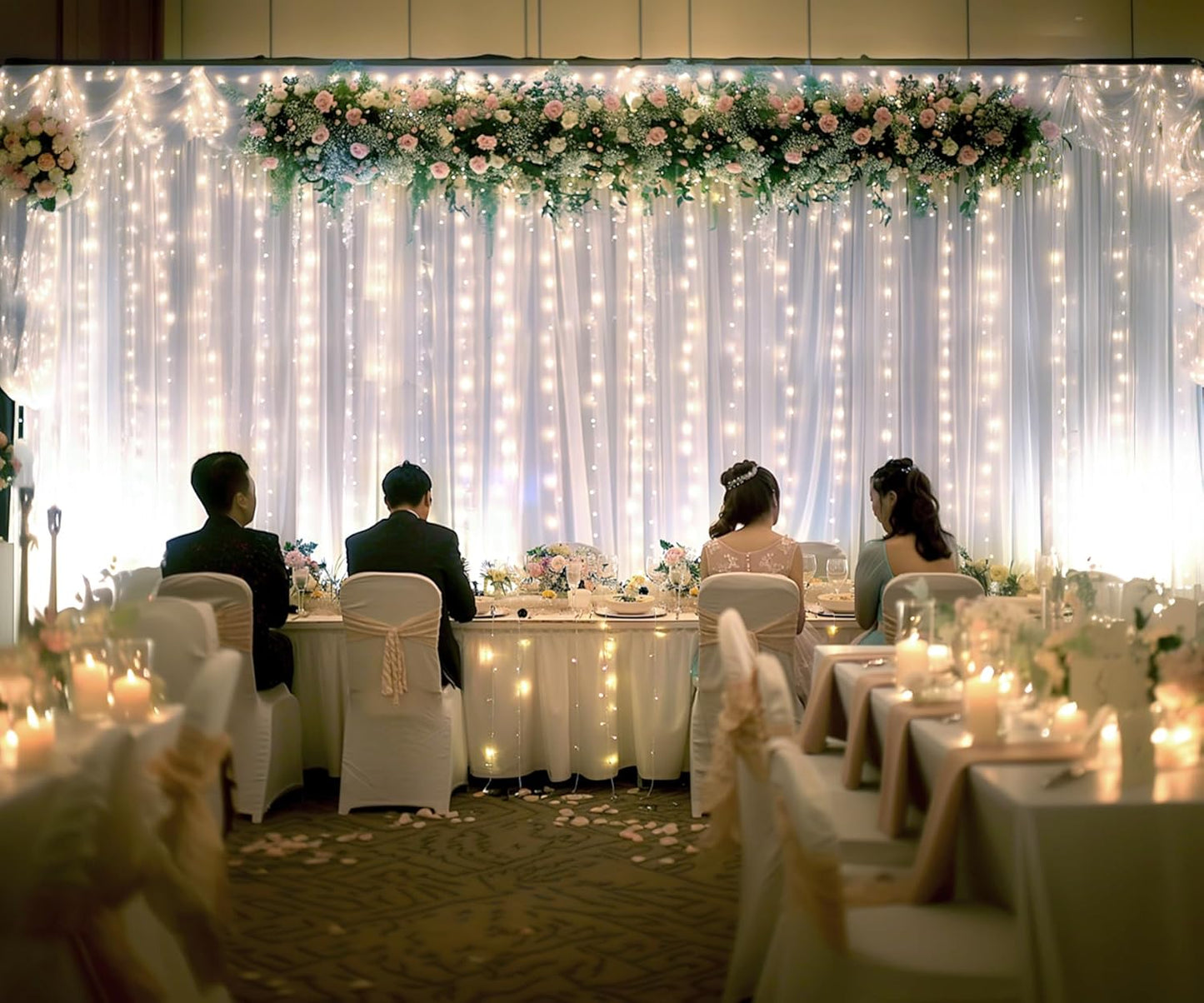 Sheer Backdrop Curtain with Lights String for Parites 20×10ft White Tulle Backdrop Curtain for Wedding Baby Shower Birthday Party Photo Shoot Decorations(4 Panels 5ft×10ft)