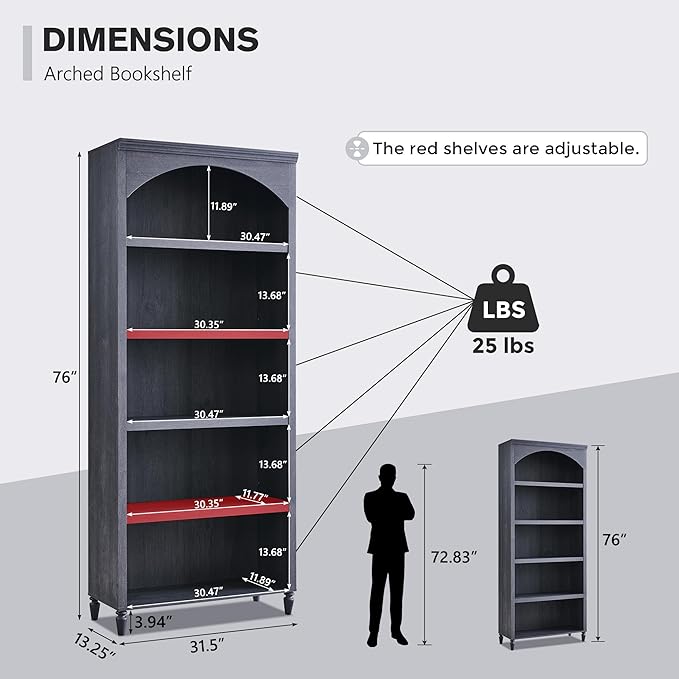IFGET 76" Tall Arched Bookcase, Farmhouse 5 Tiers Large Arched Bookshelf Cabinet - Image 2