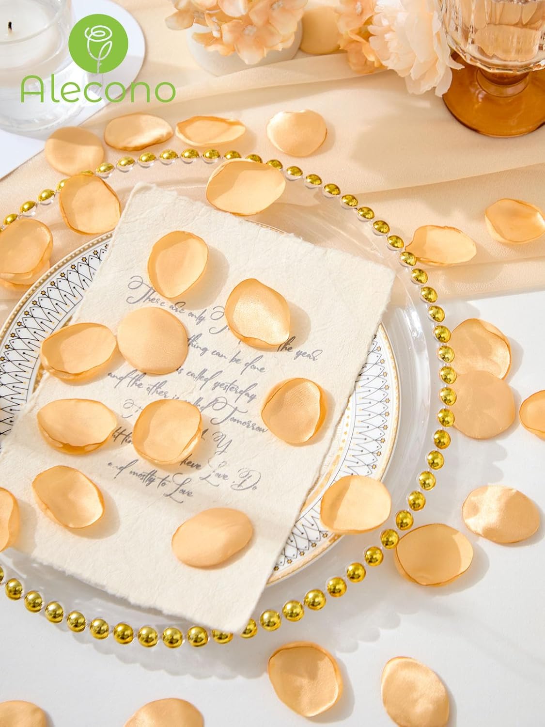 Alecono 𝟲𝟬𝟬𝙋𝙘𝙨 Silk Rose Petals, Fake Champagne Golden Petals for Wedding Proposal Flower Girl Basket, Flower Petals to Throw at Wedding Birthday Party Decoration