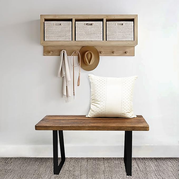 Home Soft Things Natural Old Pine Wood Rectangle Entryway Bench, Sturdy Hand - Image 2