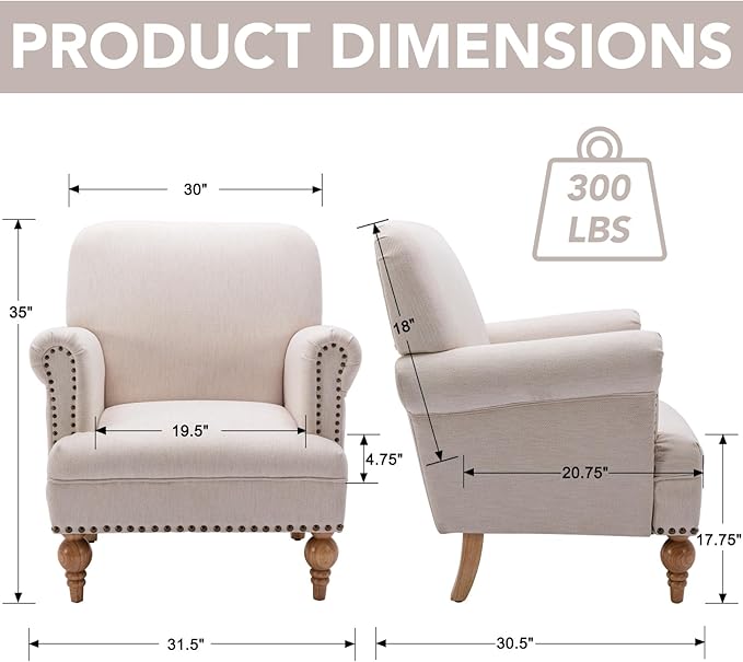 Beige Linen Fabric Accent Chair, Modern Farmhouse Upholstered Armchair - Image 2