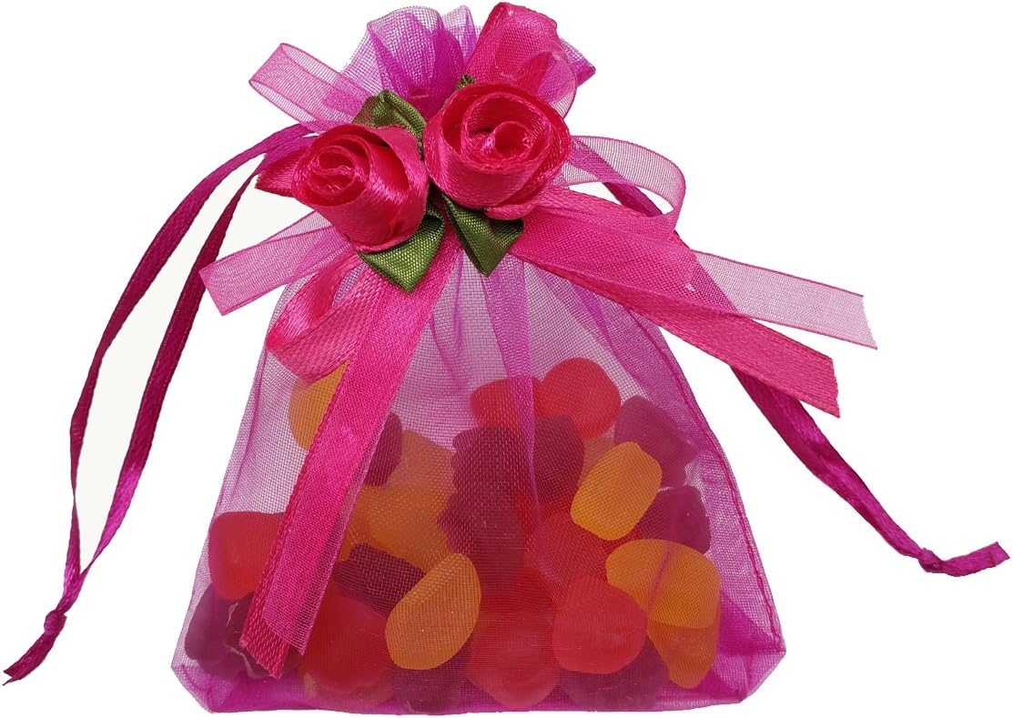 Ankirol 50pcs Sheer Organza Favor Bags For Wedding 3.8x4.8'' Gift Bags Samples Display Drawstring Rose Pouches (hot pink)