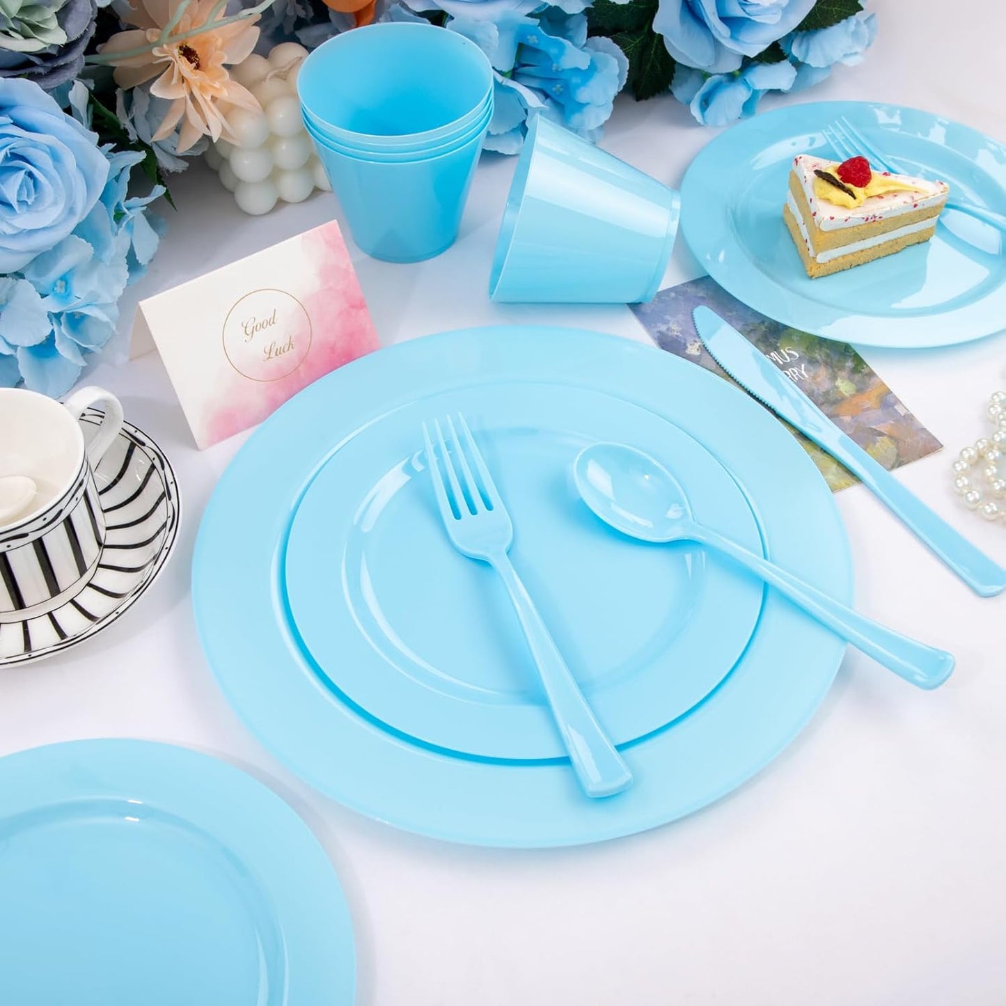KIRE 150 Piece Blue Plastic Plates Disposable - Blue Dinnerware Set Includes 25 Dinner Plates, 25 Salad Plates, 25 Utensils Set 25 Clear Cups for Birthday/Picnic/Baby Shower