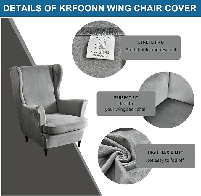 KRFOONN Wingback Chair Cover Slipcovers 2 Piece Stretch Velvet Plush Wing Chair - Image 2