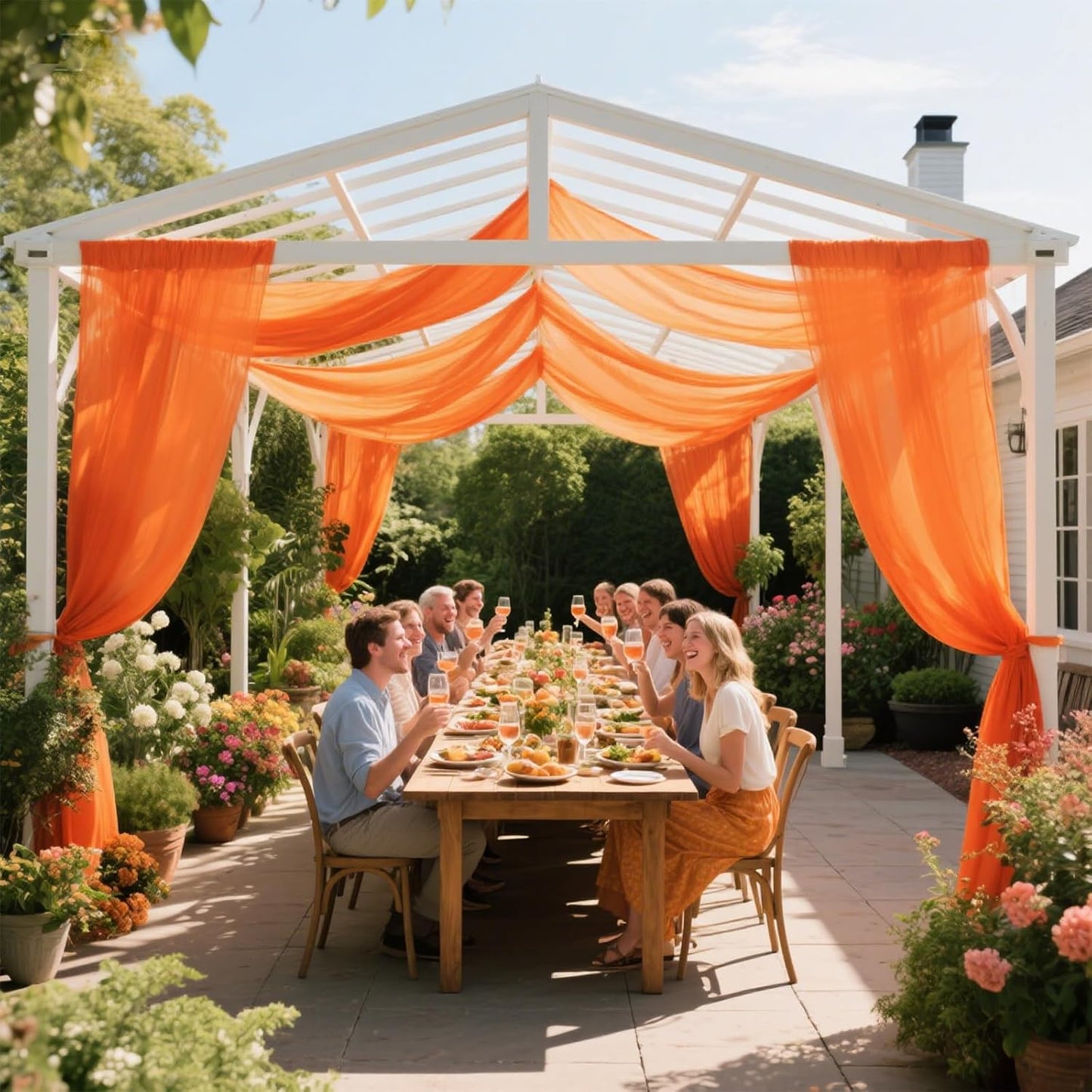 VOK Orange Wedding Arch Draping Fabric Chiffon Fabric, 29in x 18Ft 2 Panels Sheer Chiffon Outdoor Curtain for Wedding Ceremony Birthday Party Decoration (Orange,2 Panel)
