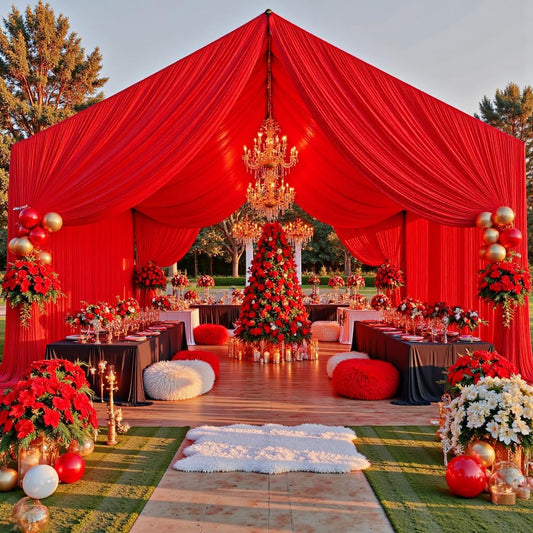 PartyVillage 50ftx40ft Red Ceiling Curtain for Wedding Parties – 10 Panels Wrinkle-Free 40 FT Long Tent Draping Curtains for Wedding, Birthday & Theme Parties, 40ft Height with Rod Pocket