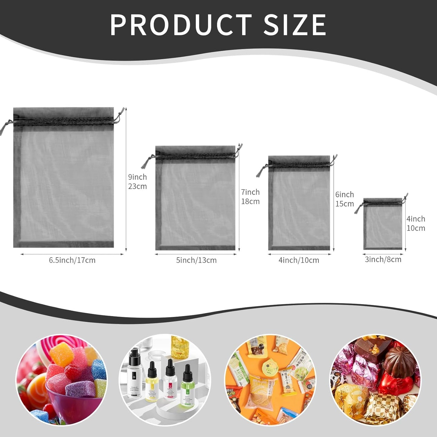 50 Pcs Organza Bags 6x9 Inch, Mesh Gift Bags Mesh Bag Drawstring Pouch Bag for Jewelry Candy Party Favor (Black)