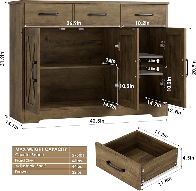 HOSTACK Modern Farmhouse Buffet Sideboard Cabinet, Barn Doors Storage Cabinet - Image 3