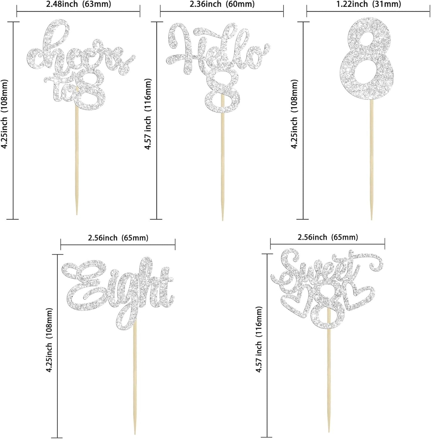 30Pcs 8th Birthday Cupcake Toppers Glitter Eight Hello 8 Cupcake Picks Cheers to 8 Years Old Cake Decorations for 8th Birthday Party Supplies Silver