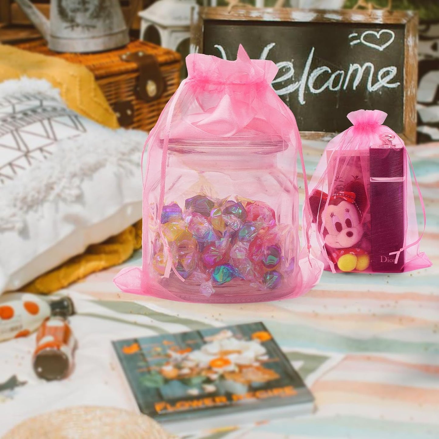 ANZNKU 50 Pack Sheer Organza Bags 6x9 inches, Mesh Drawstring Bags, Mesh Bag for Gifts Large Organza Favor Bag Drawstring for Party Wedding Christmas(Pink)