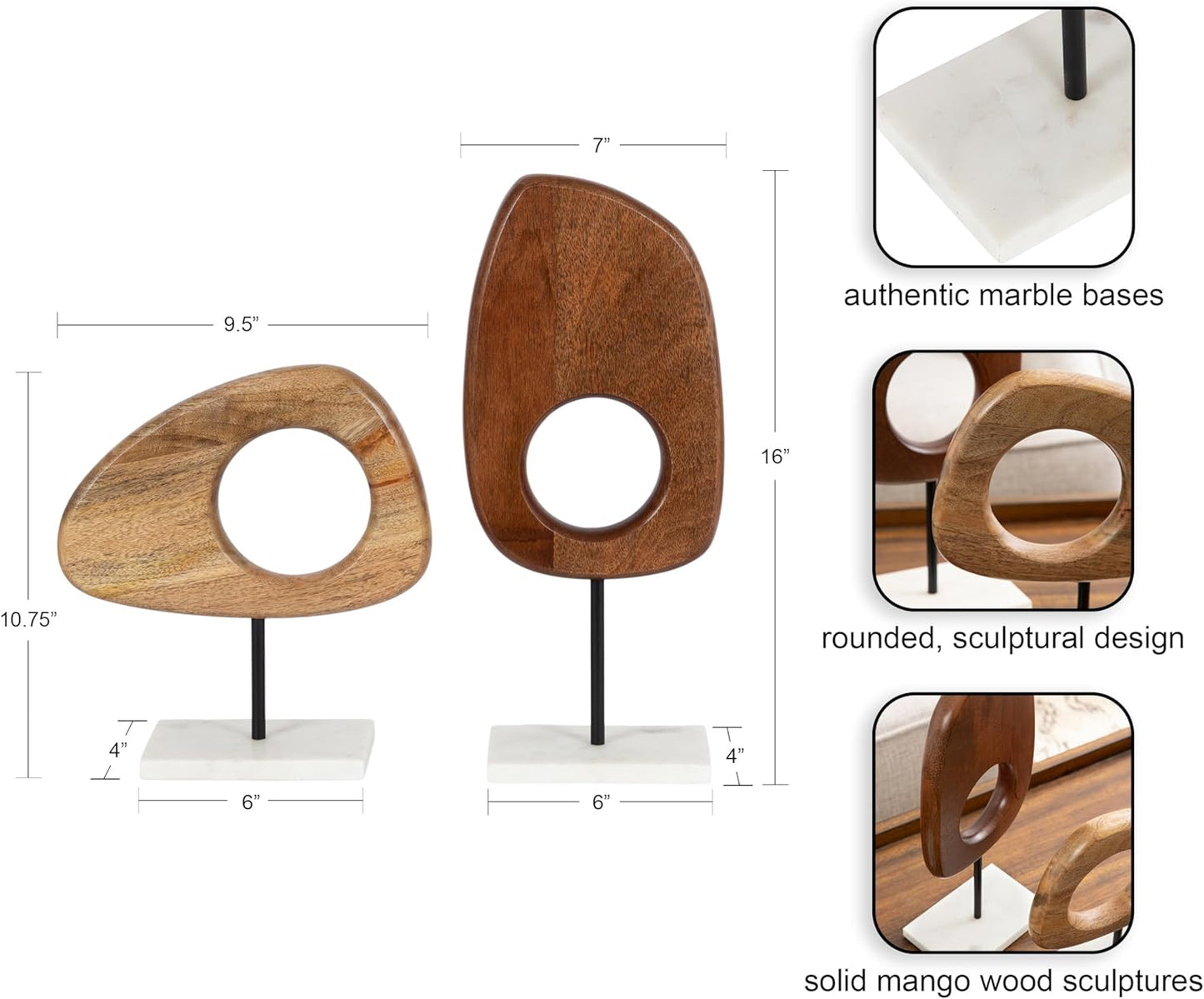 Kate and Laurel Yoakes Wood and Marble Decorative Sculptures, 2 Piece Set, Natural and Walnut, Sculptural Wooden Decor Accents for Shelf Decor or Bedroom Design