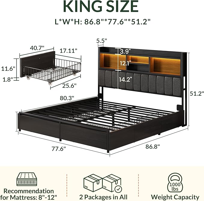 LARMACE King Bed Frame with 6 Storage Drawers, Bed Frame King Size with Linen - Image 2