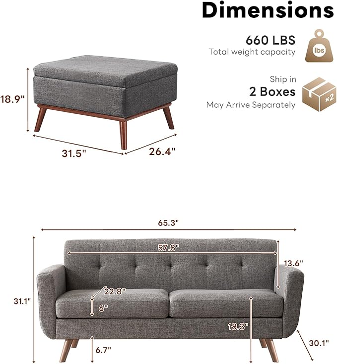 Tbfit 65" W Loveseat Sofa with Ottoman Coffee Table, Mid Century Modern Love - Image 2