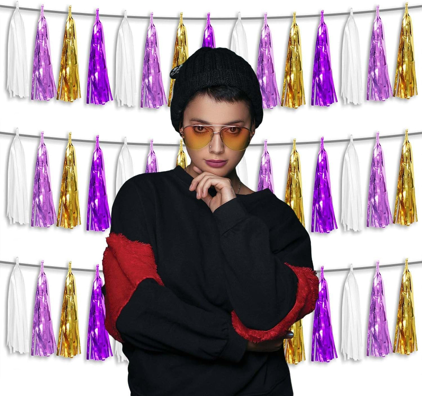 3P Metallic Fringe Tassel Banner Garland Foil Tinsel Streamer Wall Hanging Curtain Backdrop Banner for Parade Floats, Graduation, Carnival Mardi Gras Party Decorations(Gold Purple)