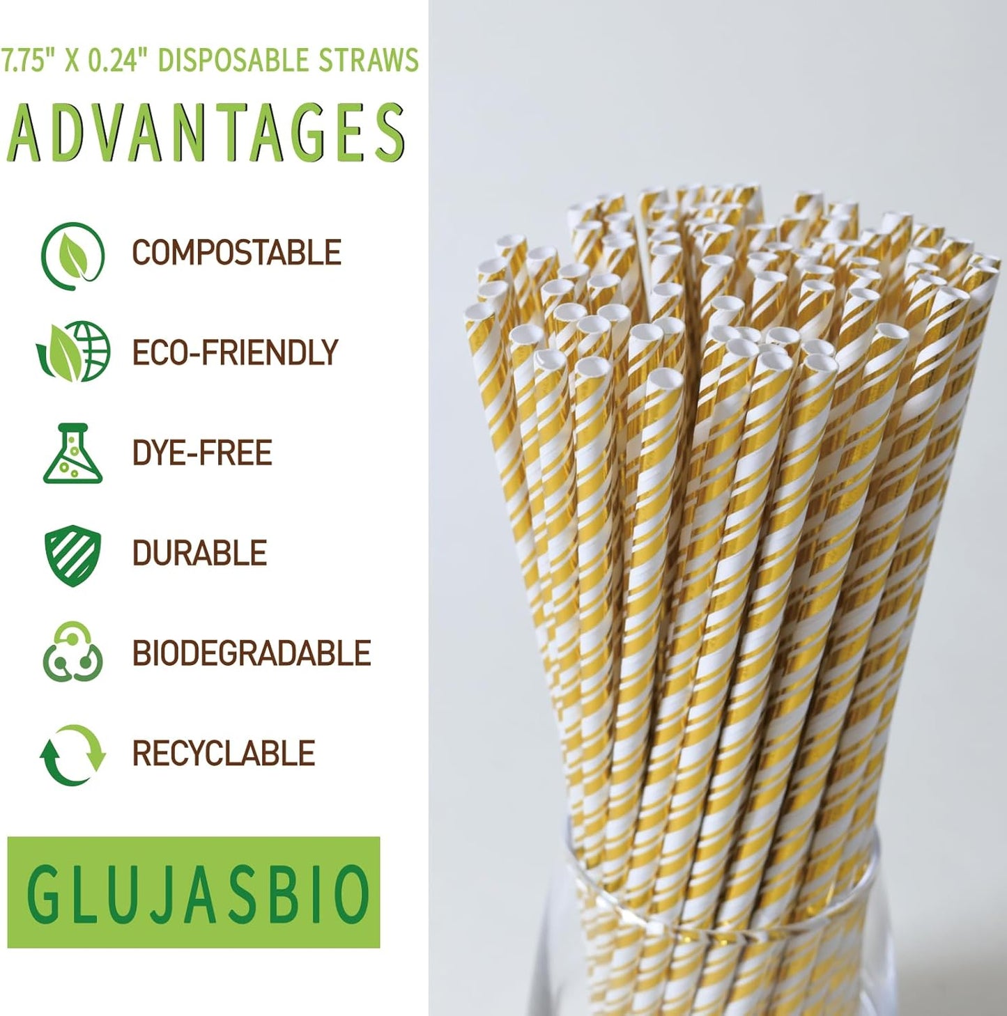 Gold Straws Disposable Cocktail Drinking Paper Straws for Party, Wedding, Baby Shower, Birthday, 100 Bulk