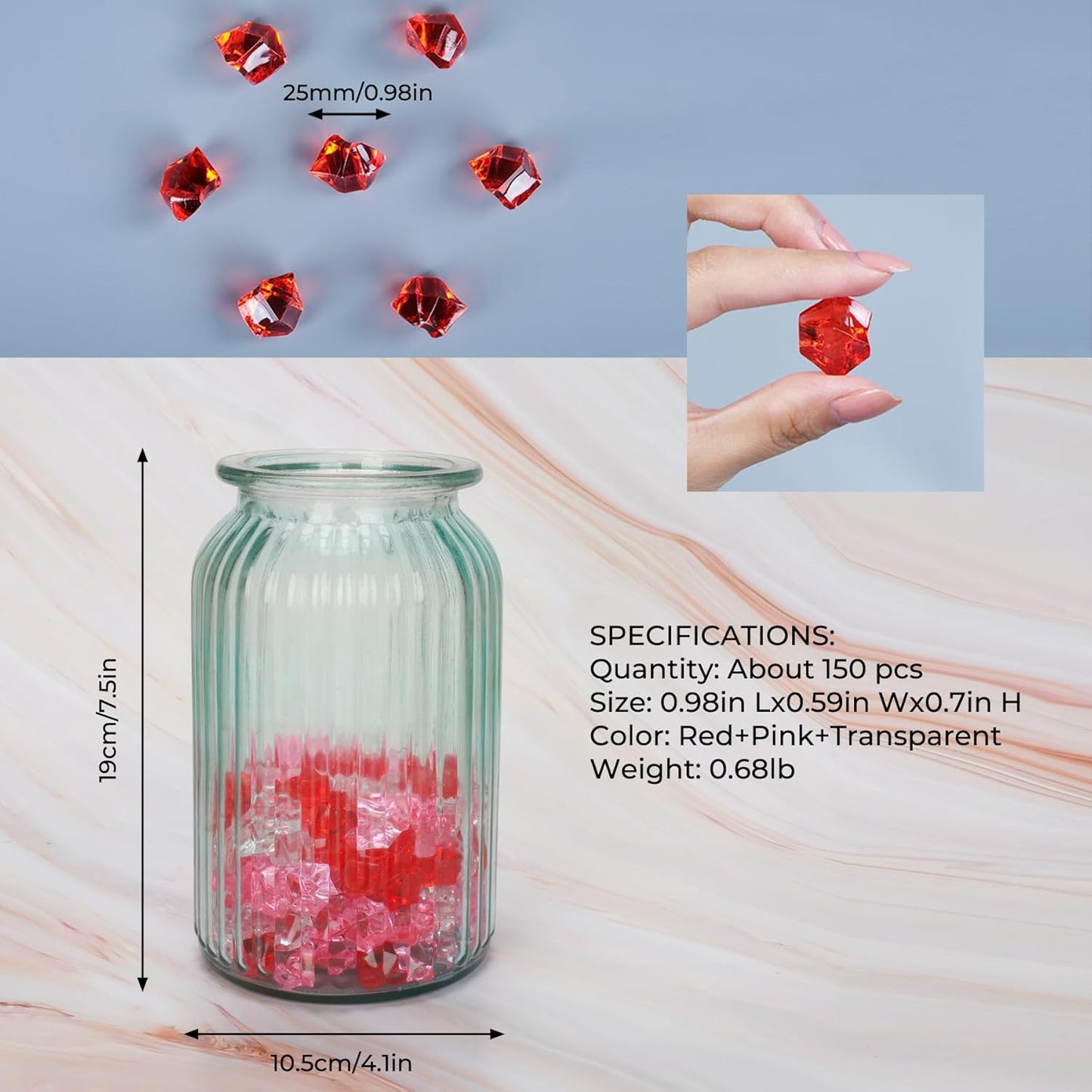 Babenest Acrylic Crushed Ice Rocks, 150 PCS Fake Crystals Plastic Ice Cubes Diamonds Gems for Vase Fillers, Home Decoration, Table Scatter, Event, Wedding, Arts & Crafts(Clear/Pink/Red)