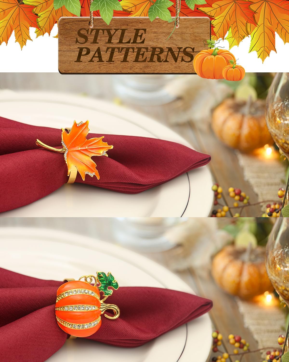 KPOSIYA Fall Napkins Rings, 12 Pcs Thanksgiving Napkin Ring Fall Maple Leaf Napkin Rings and Halloween Pumpkin Napkin Holders for Thanksgiving Table Decorations, Fall Banquet, Holiday Dinner Party