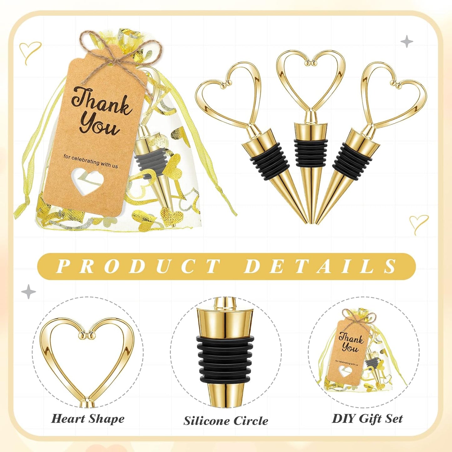 Buryeah 24 Set Wedding Heart Shaped Wine Stopper Party Favors Bulk Beverage Bottle Stopper Wine Cork Love Design Souvenirs for Guest with Sheer Bag Labels Rope Gift for Engagement Bridal Shower, Gold